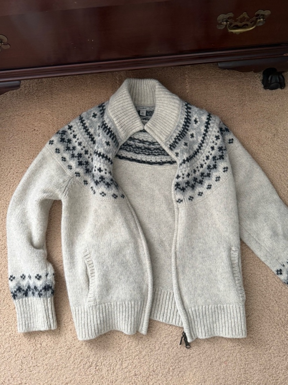 L.L. Bean Cream and Dark Gray Zip-Up Nordic Sweater
